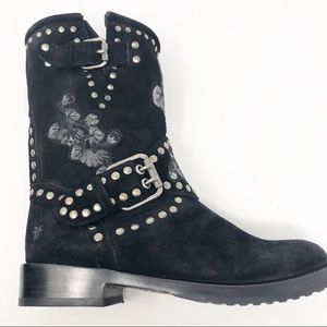 FRYE | RARE! Black Flower Nat Engineer Suede Boots NEW Women’s Size 6.5